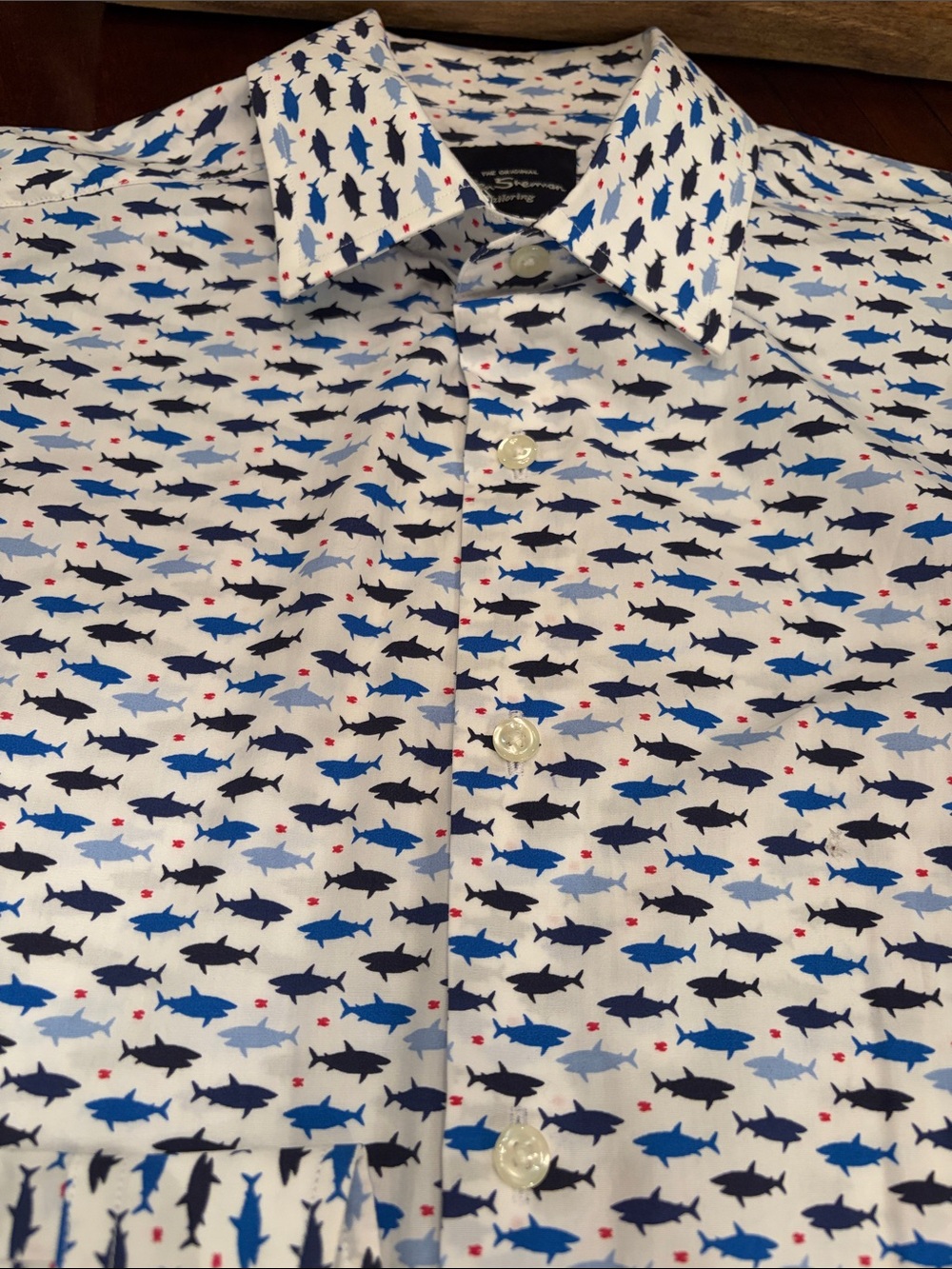 Ben Sherman Men's White Dress Shirt with Blue Shark Print